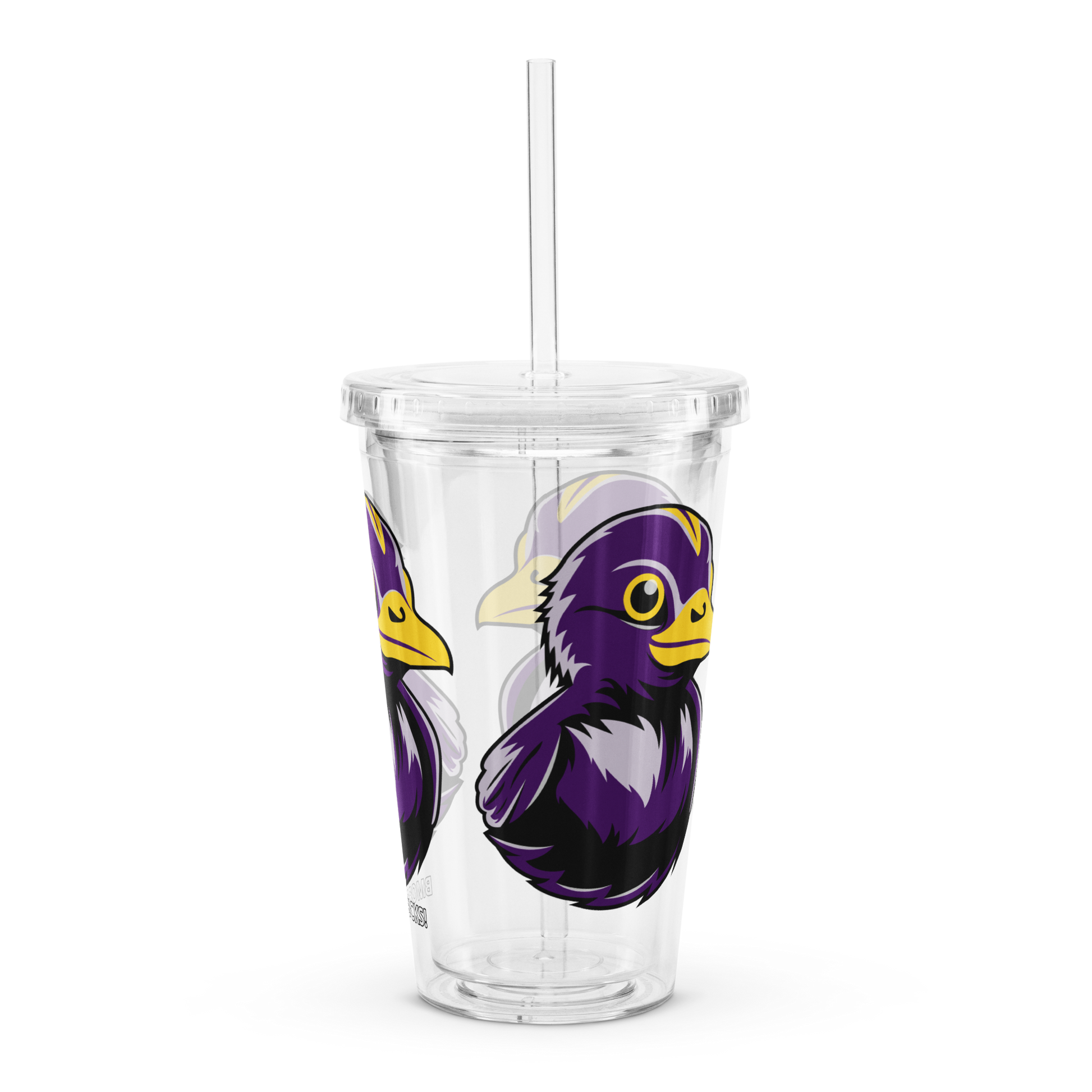 side view clear plastic tumbler with straw decorated with Football Fan BMORE DUCKS! logo