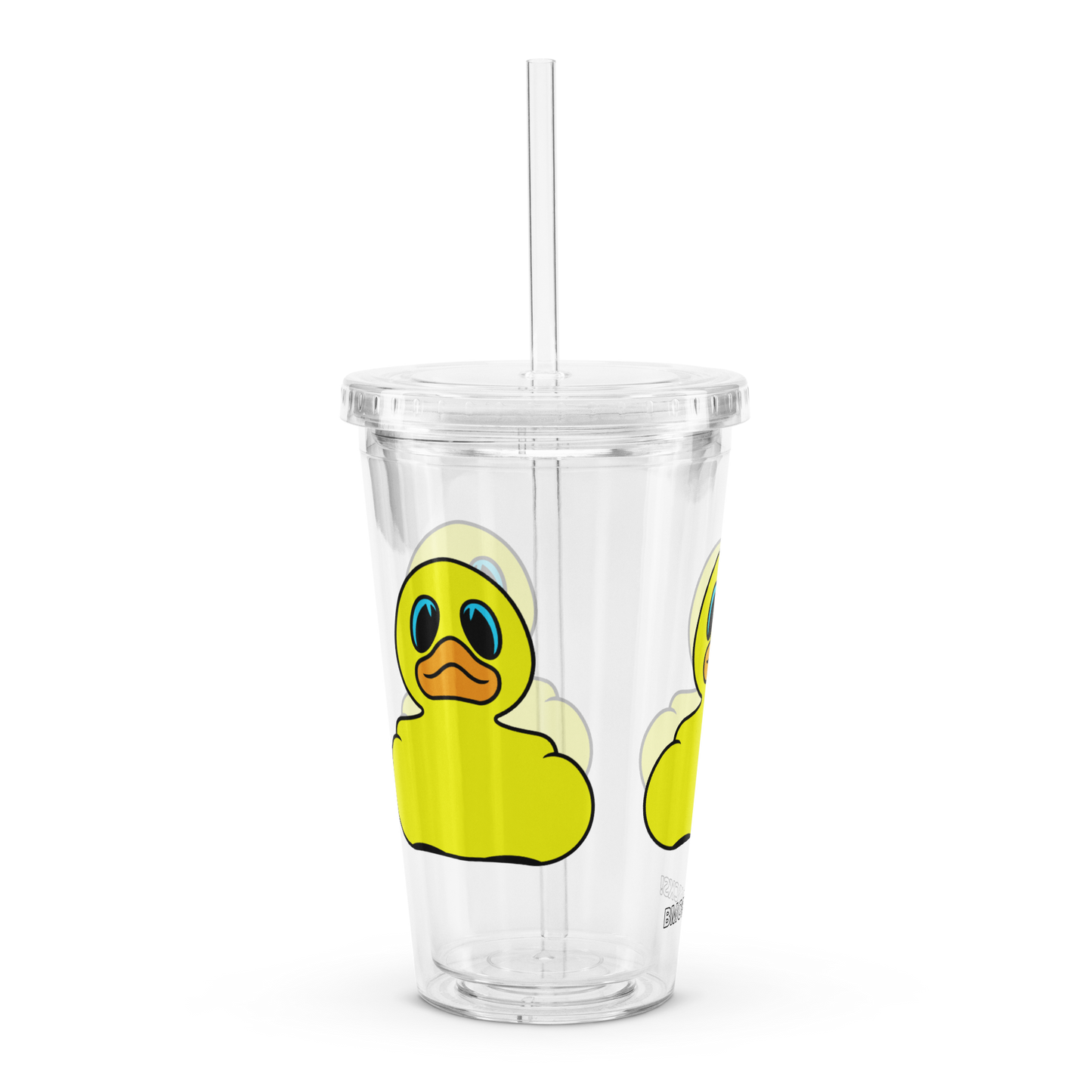 side view clear plastic tumbler with straw decorated with classic BMORE DUCKS! yellow rubber duck logo