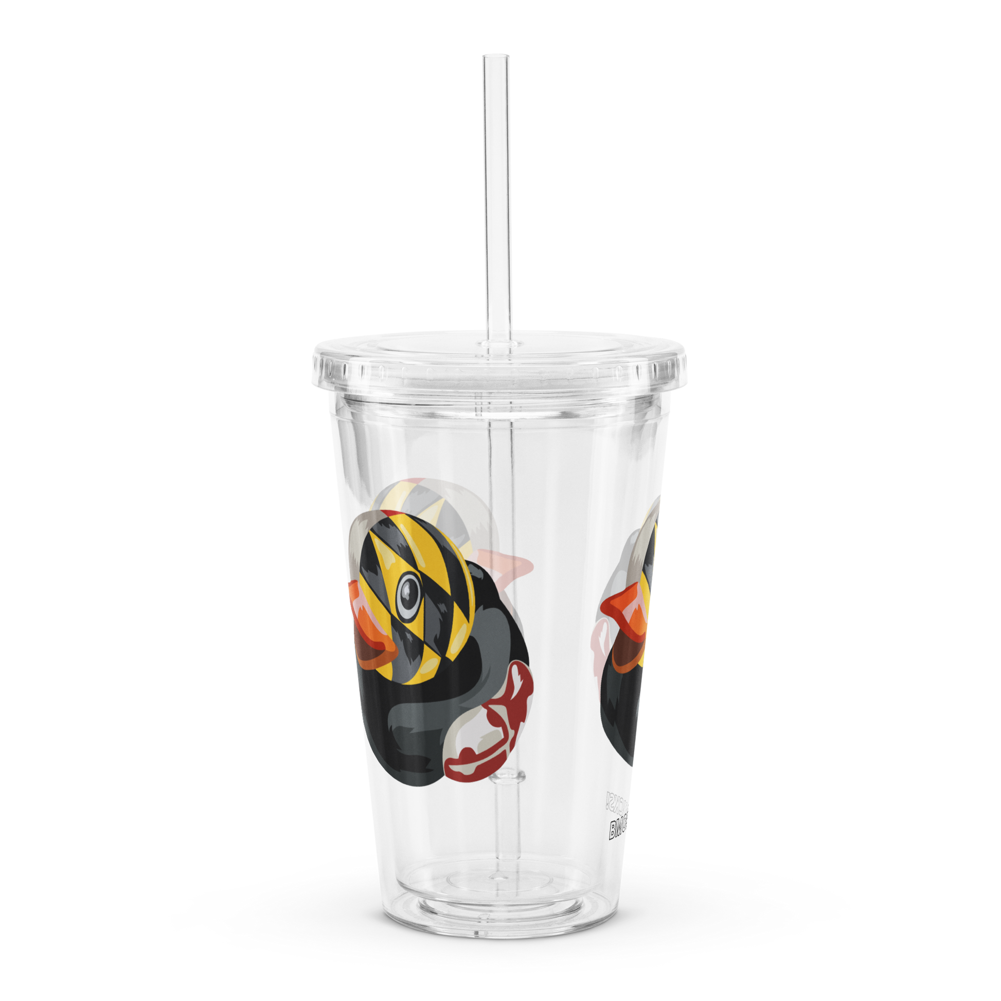 side view clear plastic tumbler with straw decorated with Maryland BMORE DUCKS! logo