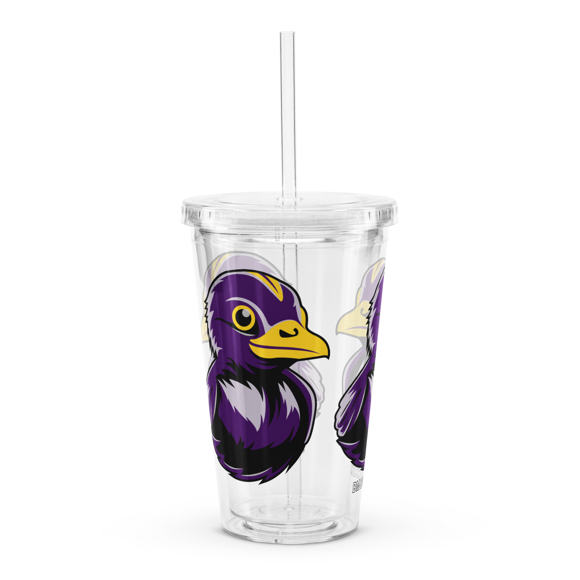 side view clear plastic tumbler with straw decorated with Football Fan BMORE DUCKS! logo