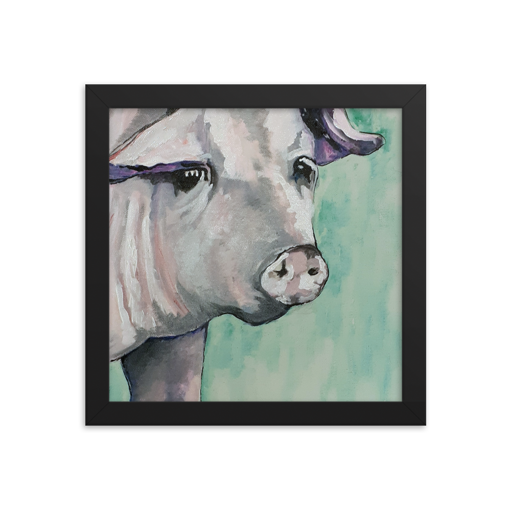 10x10 Framed print of a painting of a pig's face with a green background. Framed in black