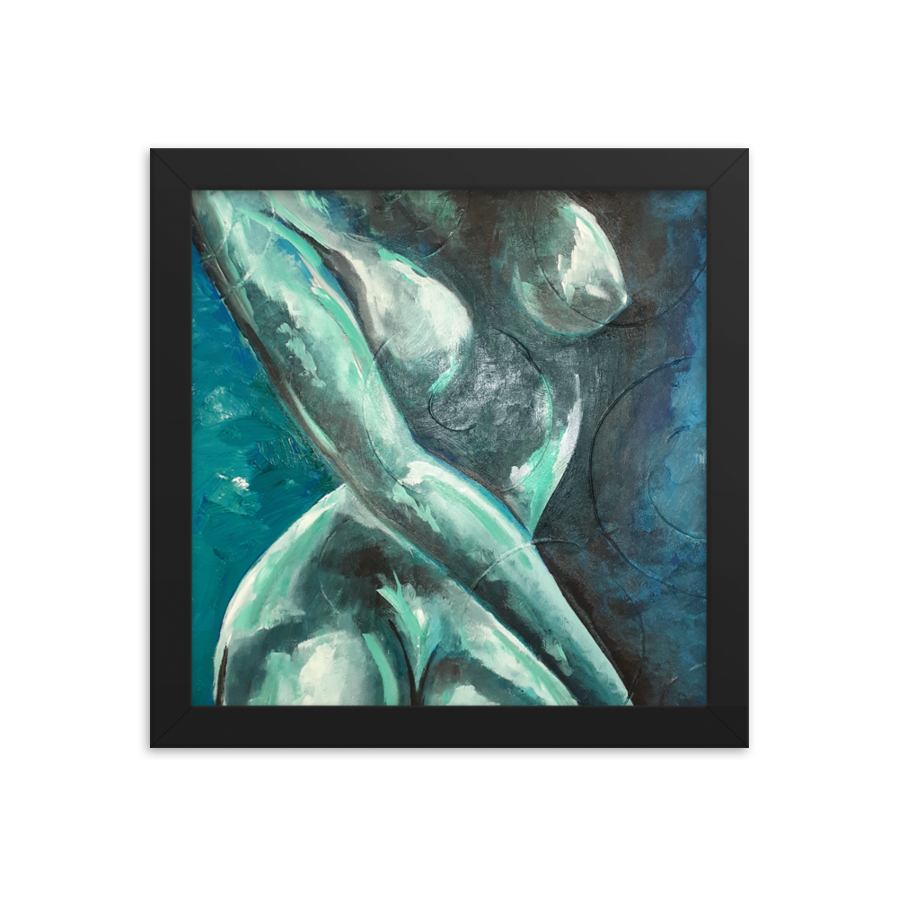 10x10 Framed print of a blue green nude figurative painting. Framed in black