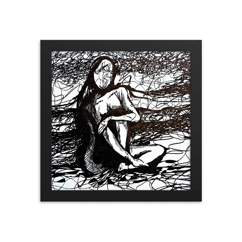 10x10 Framed print of a drawing of an expressive nude figurative woman with her arm over her knee. Framed in black