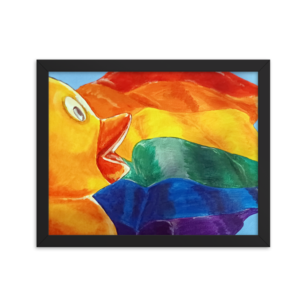 11x14 Framed print of painting of rubber duck profile in front of pride flag. Framed in black