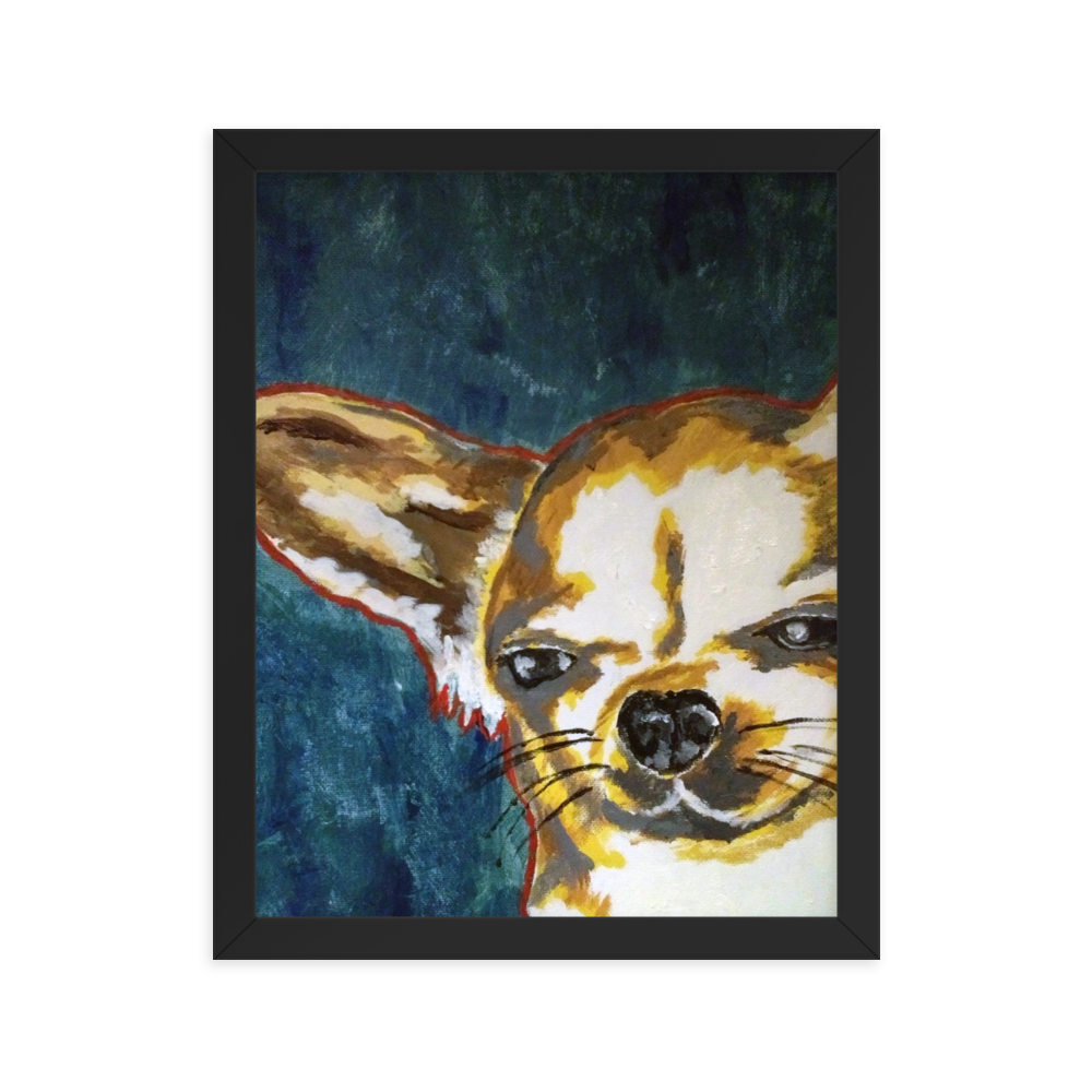 11x14 Framed print of a Chihuahua with blue green background. Framed in black