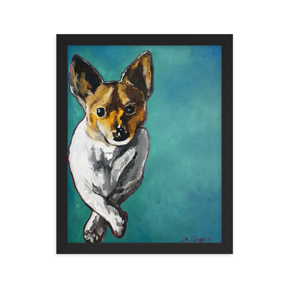 11x14 Framed print of a Jack Russell Terrier with teal background. Framed in black