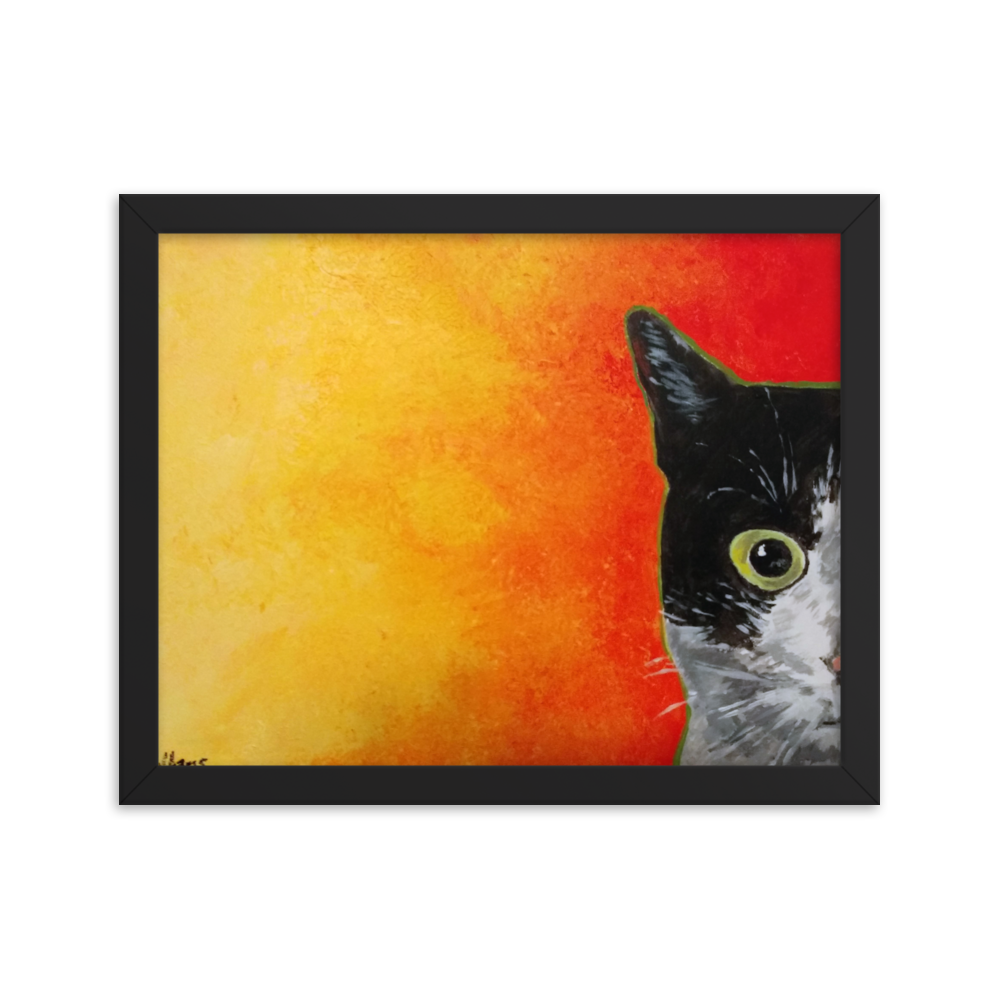 11x14 Framed print of a black and white cat with green eyes and a yellow to red faded background. Framed in black