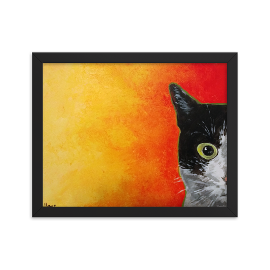 11x14 Framed print of a black and white cat with green eyes and a yellow to red faded background. Framed in black