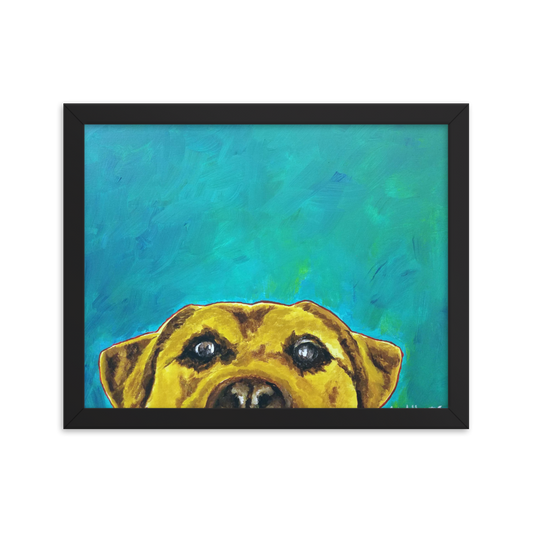 11x14 Framed print of a yellow lab with blue green background. Framed in black