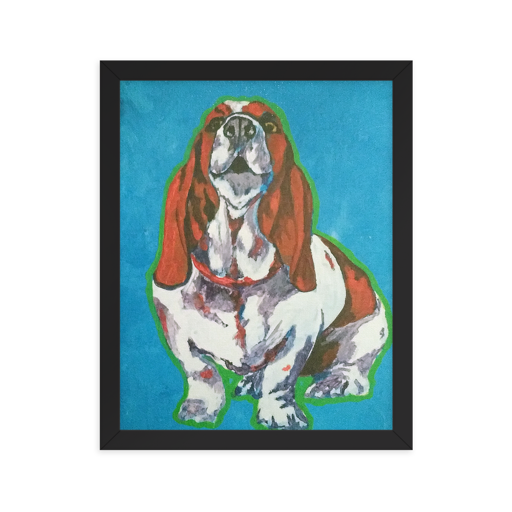 11x14 Framed print of a Basset Hound in front of a blue background. Framed in black