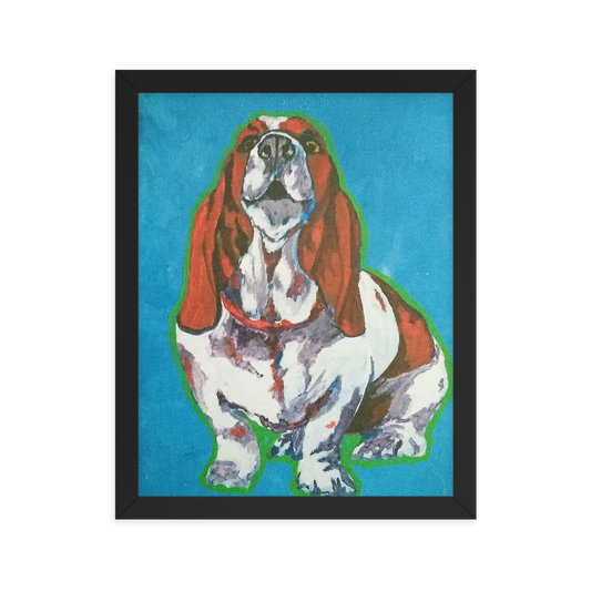 11x14 Framed print of a Basset Hound in front of a blue background. Framed in black