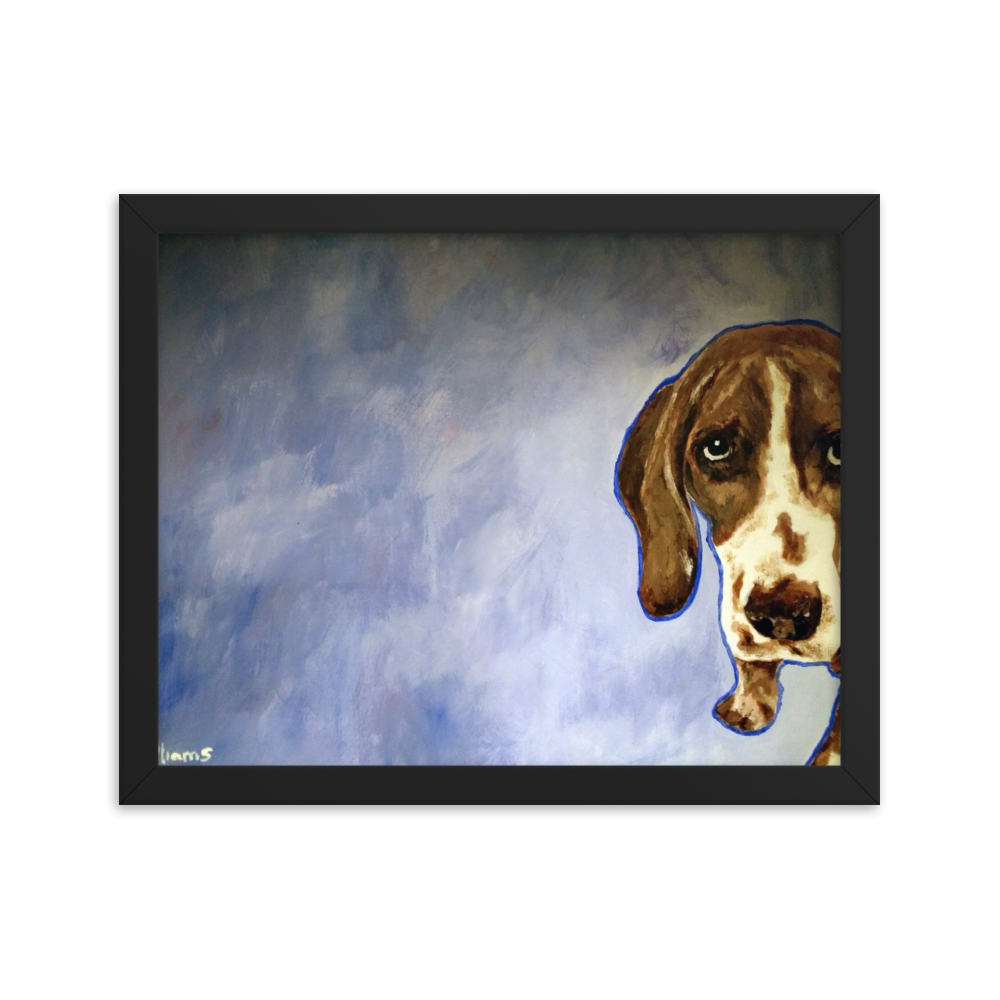 11x14 Framed print of a Hound dog in front of a blue background. Framed in black