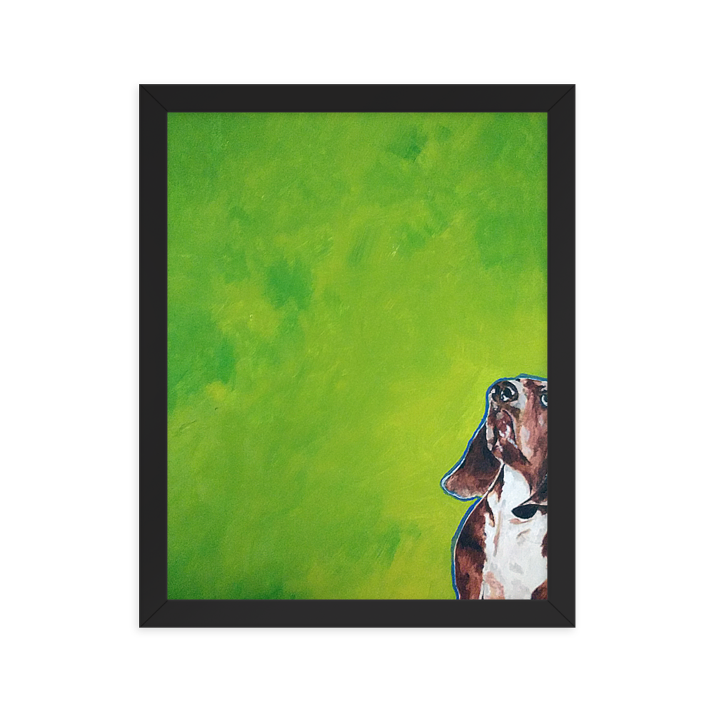 11x14 Framed print of a Basset hound painting with green background. Framed in black