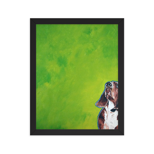 11x14 Framed print of a Basset hound painting with green background. Framed in black