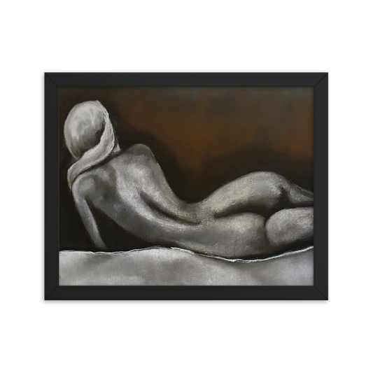 11x14 Framed print of a nude figurative painting of a woman on her side and facing away. Framed in black