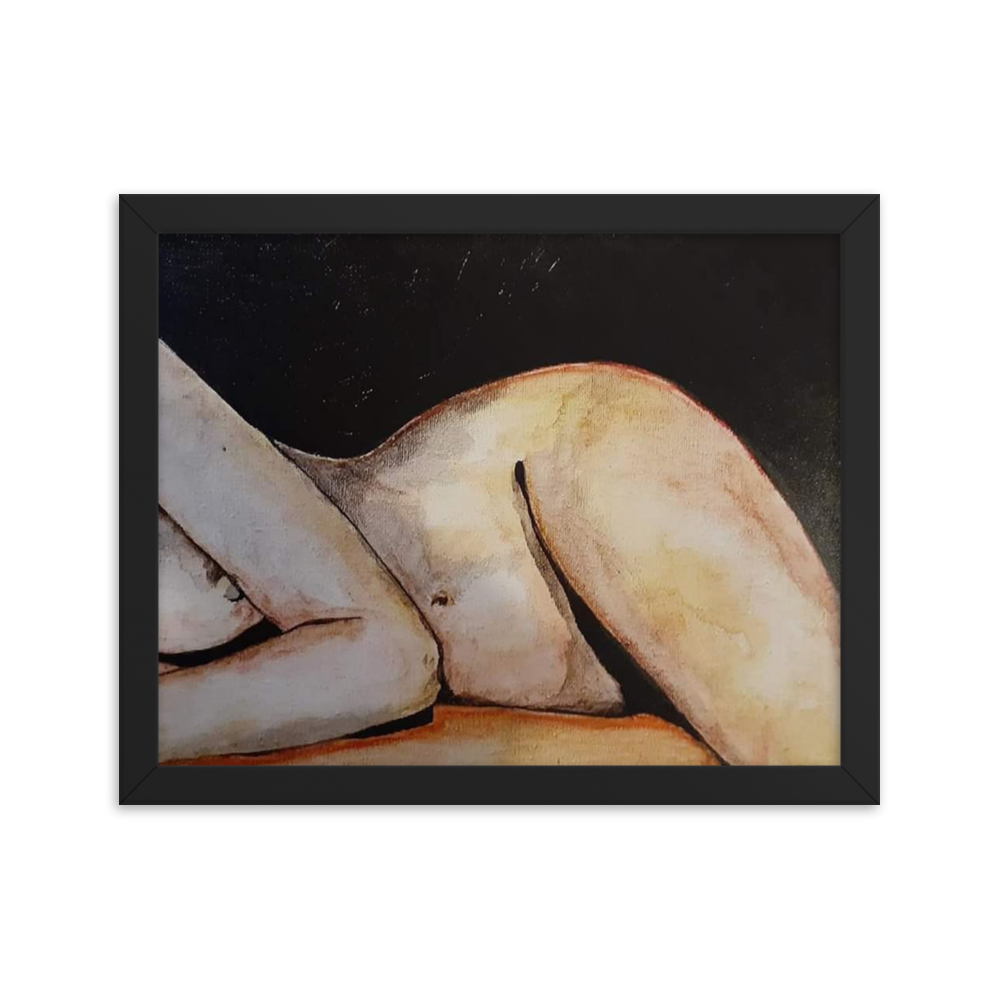 11x14 Framed print of a painting in color of a woman's nude figure lying on her side. Framed in black