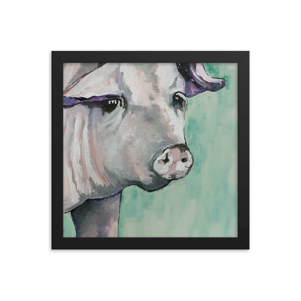 12x12 Framed print of a painting of a pig's face with a green background. Framed in black