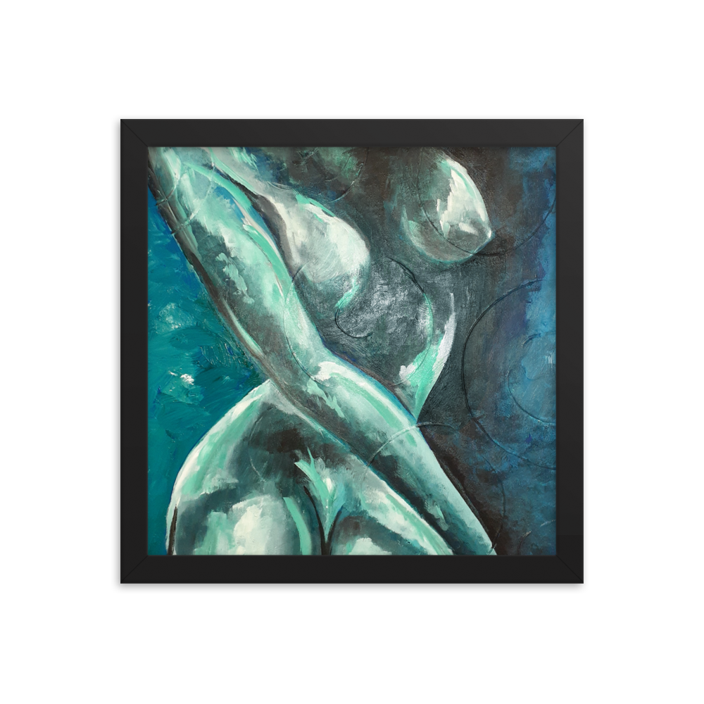 12x12 Framed print of a blue green nude figurative painting. Framed in black