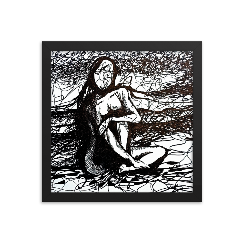 12x12 Framed print of a drawing of an expressive nude figurative woman with her arm over her knee. Framed in black