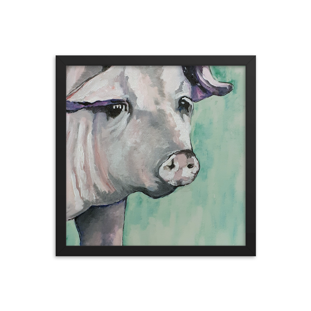 14x14 Framed print of a painting of a pig's face with a green background. Framed in black