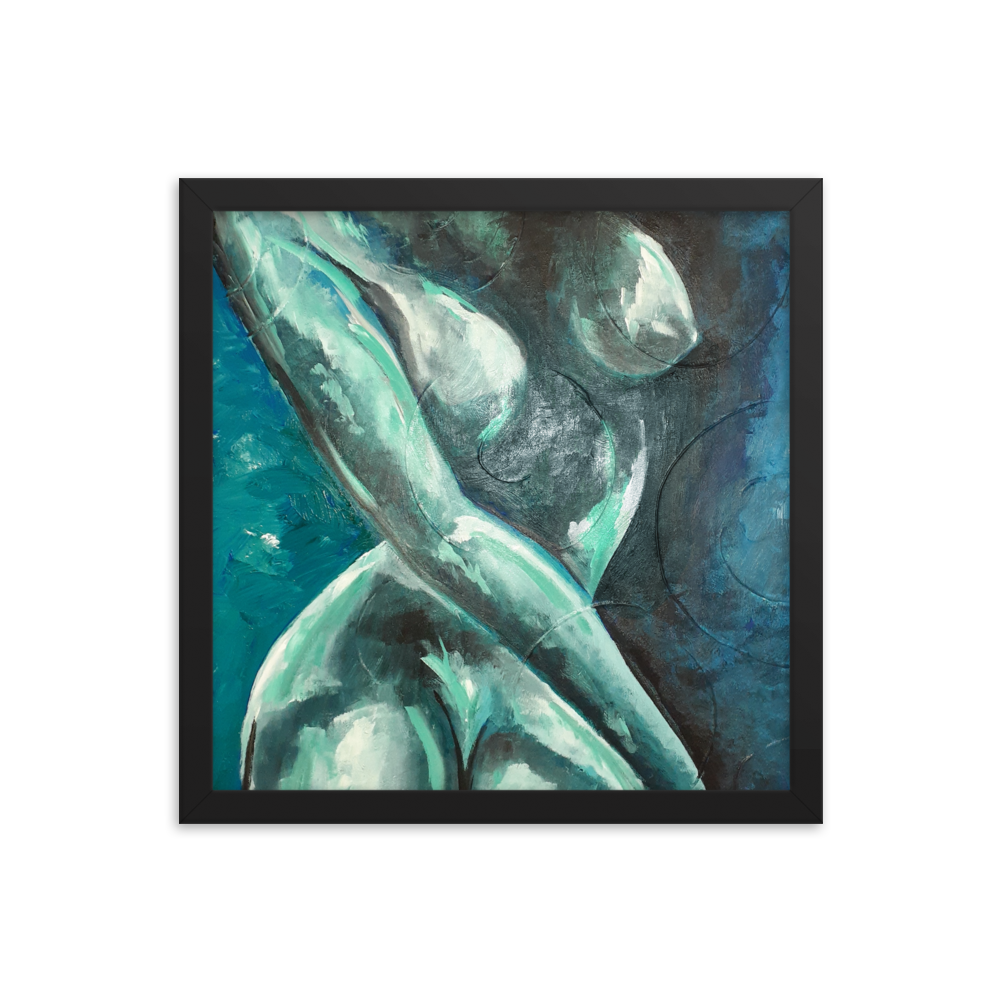 14x14 Framed print of a blue green nude figurative painting. Framed in black