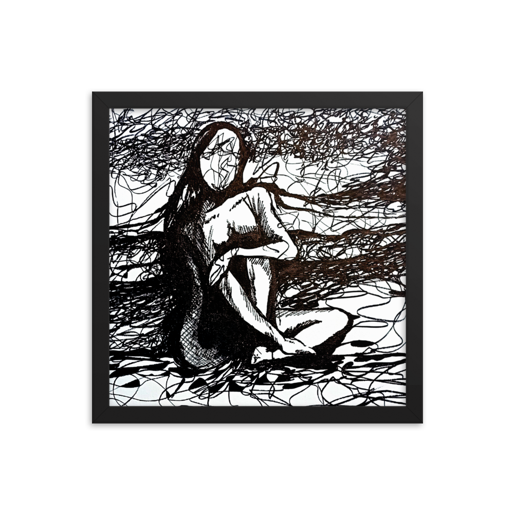 14x14 Framed print of a drawing of an expressive nude figurative woman with her arm over her knee. Framed in black