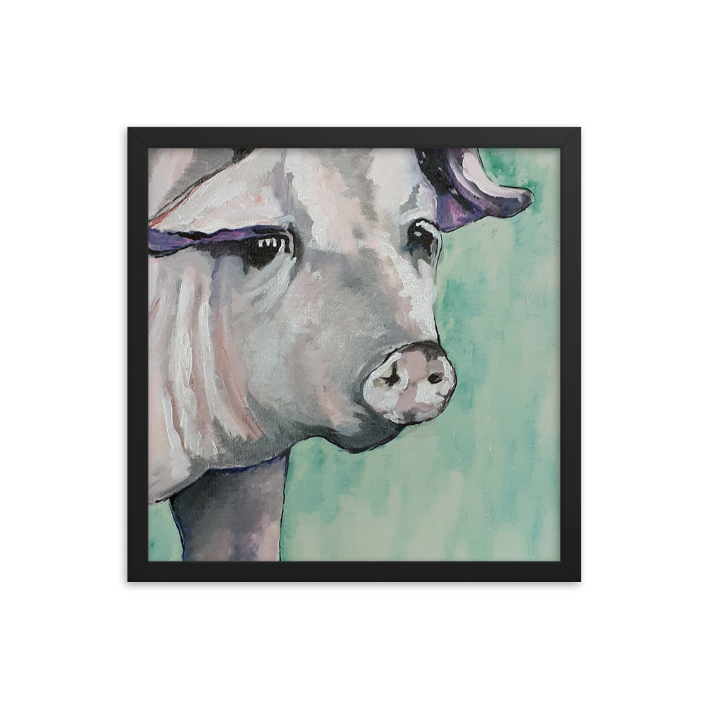 16x16 Framed print of a painting of a pig's face with a green background. Framed in black