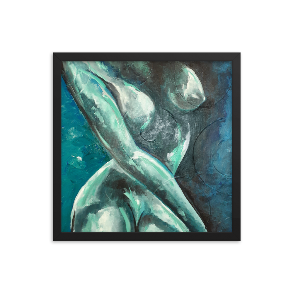 16x16 Framed print of a blue green nude figurative painting. Framed in black