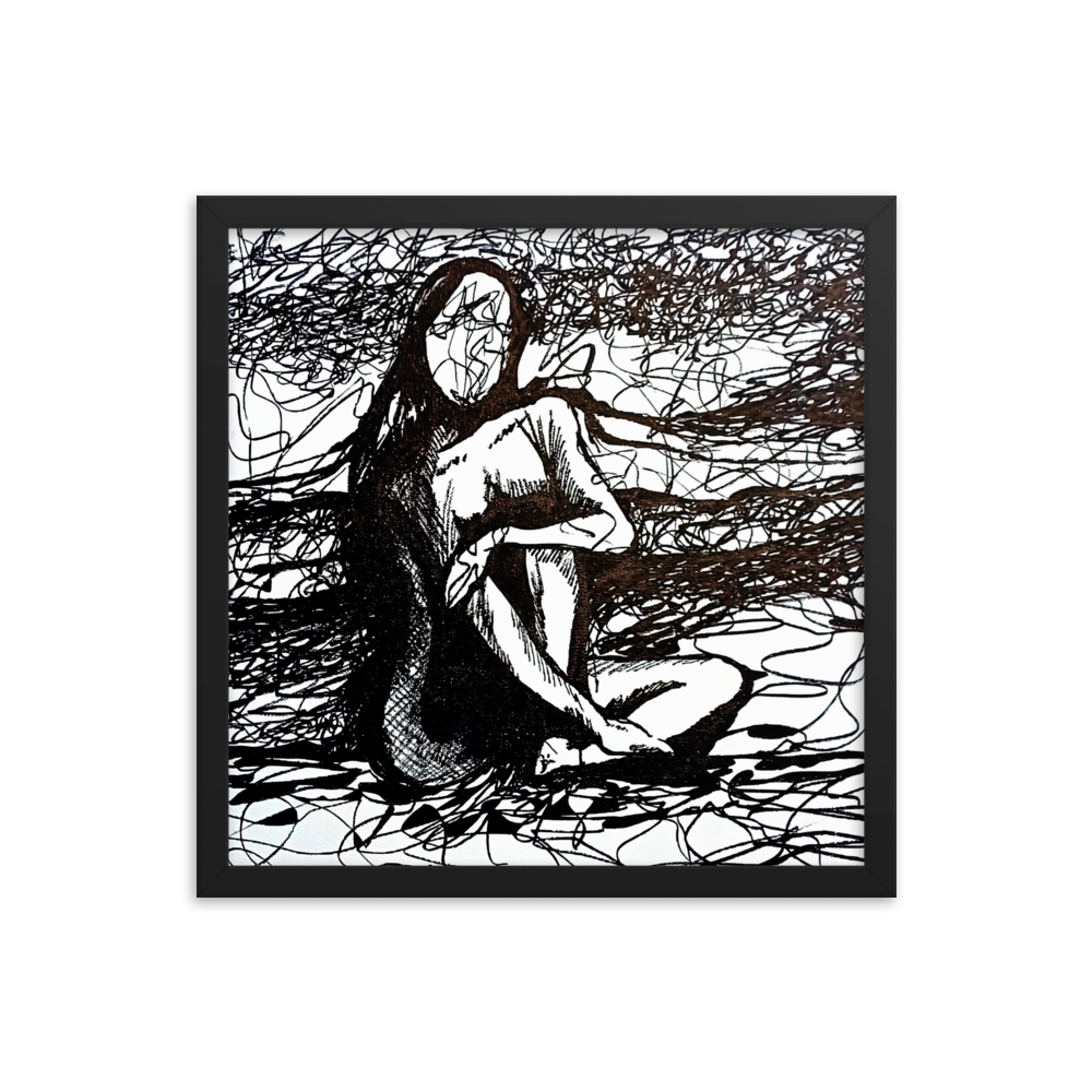 16x16 Framed print of a drawing of an expressive nude figurative woman with her arm over her knee. Framed in black