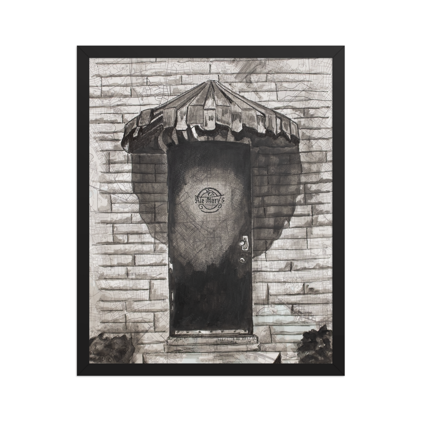 Picture of a 16x20 print of Ale Mary's Side door painted on a vintage map of Baltimore and framed in simple black frame