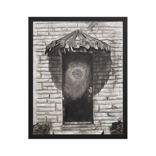 Picture of a 16x20 print of Ale Mary's Side door painted on a vintage map of Baltimore and framed in simple black frame