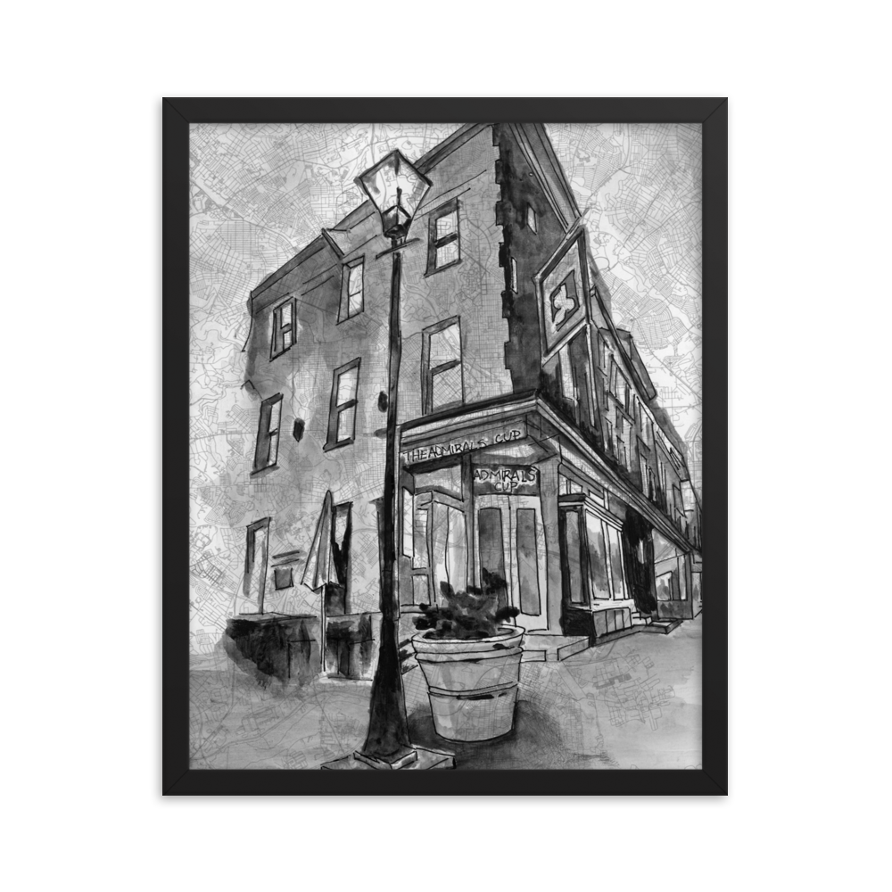 A 16" x 20" fine art print of original watercolor and Pen and Ink painting of Baltimore's "The Admiral's Cup" bar painted on a map  and framed in a black simple wooden frame