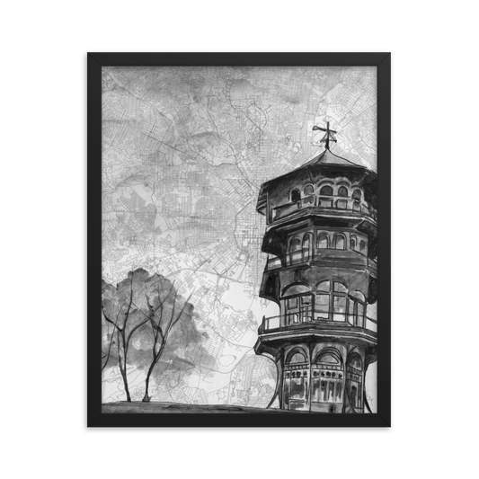 16x20 print of a painting of the Patterson Park Pagoda on a map of Baltimore. Framed in black