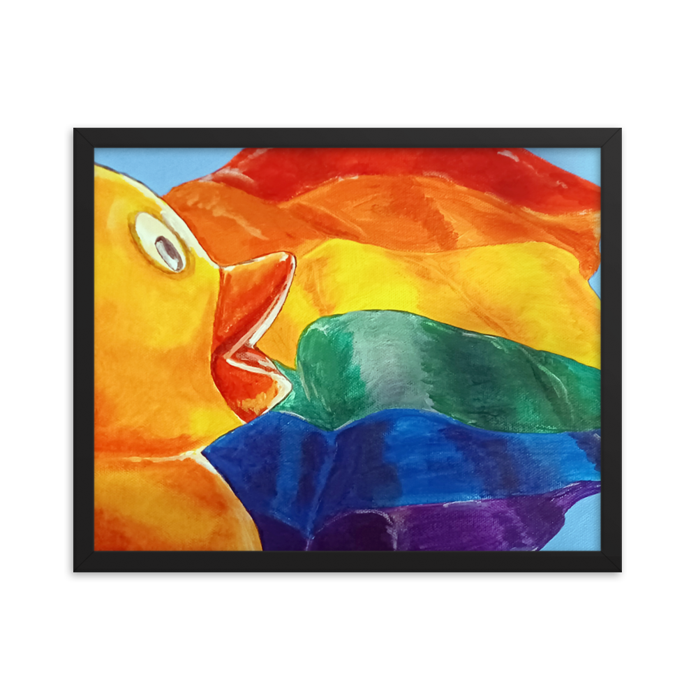 16x20 Framed print of painting of rubber duck profile in front of pride flag. Framed in black