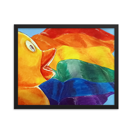 16x20 Framed print of painting of rubber duck profile in front of pride flag. Framed in black