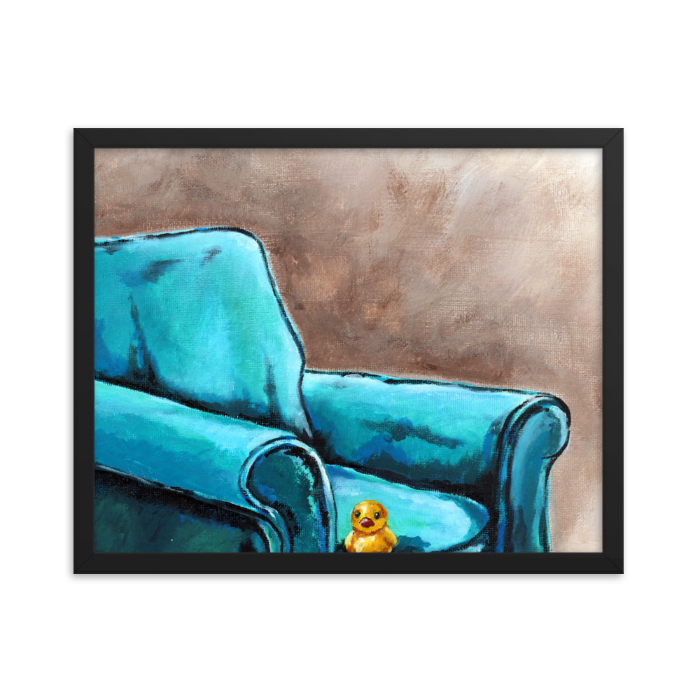 16x20 Framed print of a painting of a rubber duck sitting in a blue arm chair. Framed in black