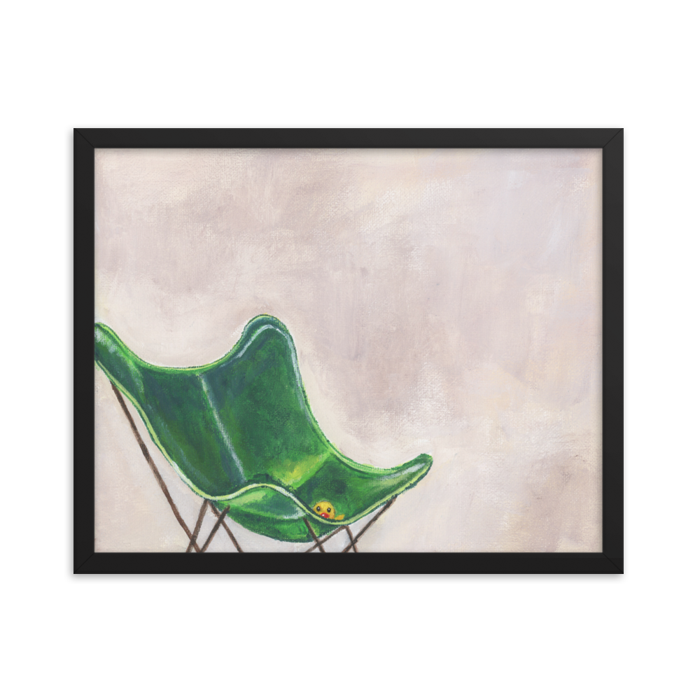 16x20 Framed print of a rubber duck sitting in a green butterfly chair. framed in black