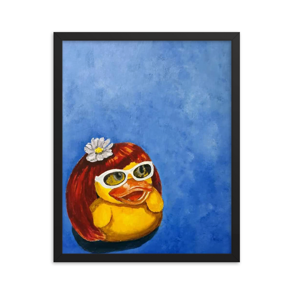 16x20 Framed print of a rubber duck wearing a wig with a white flower on top and white glasses. Framed in black