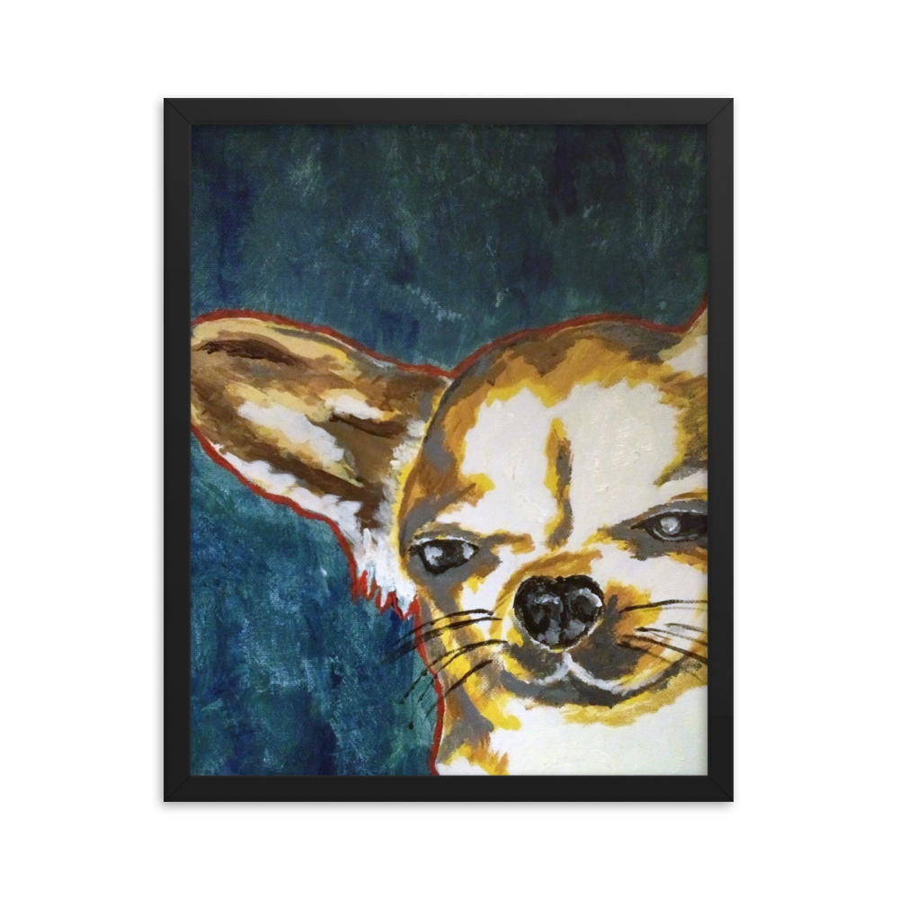 16x20 Framed print of a Chihuahua with blue green background. Framed in black