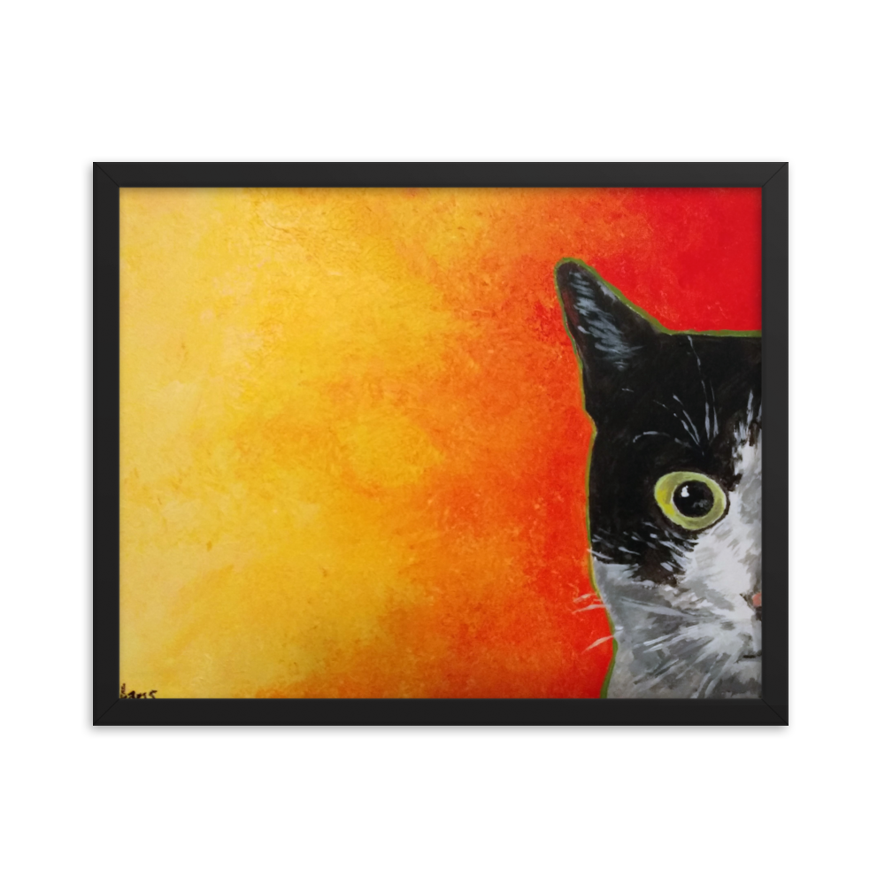 16x20 Framed print of a black and white cat with green eyes and a yellow to red faded background. Framed in black