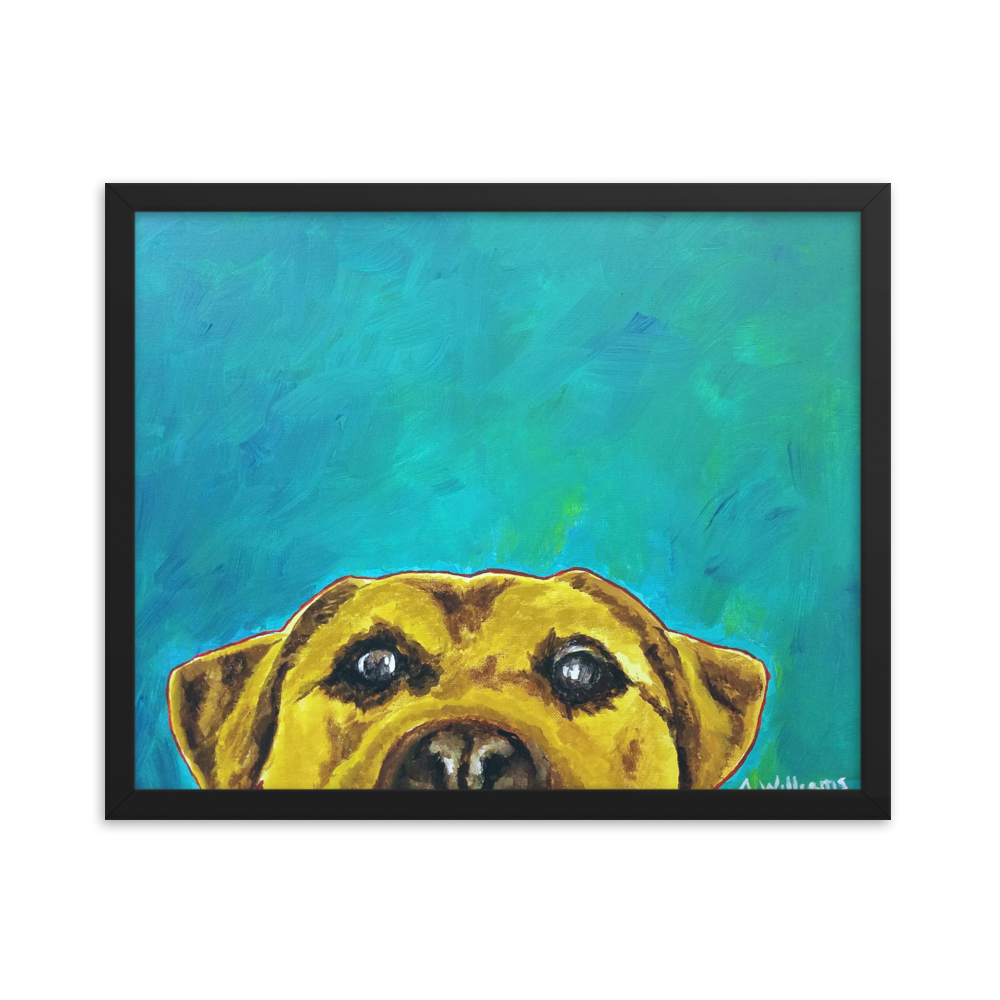 16x20 Framed print of a yellow lab with blue green background. Framed in black