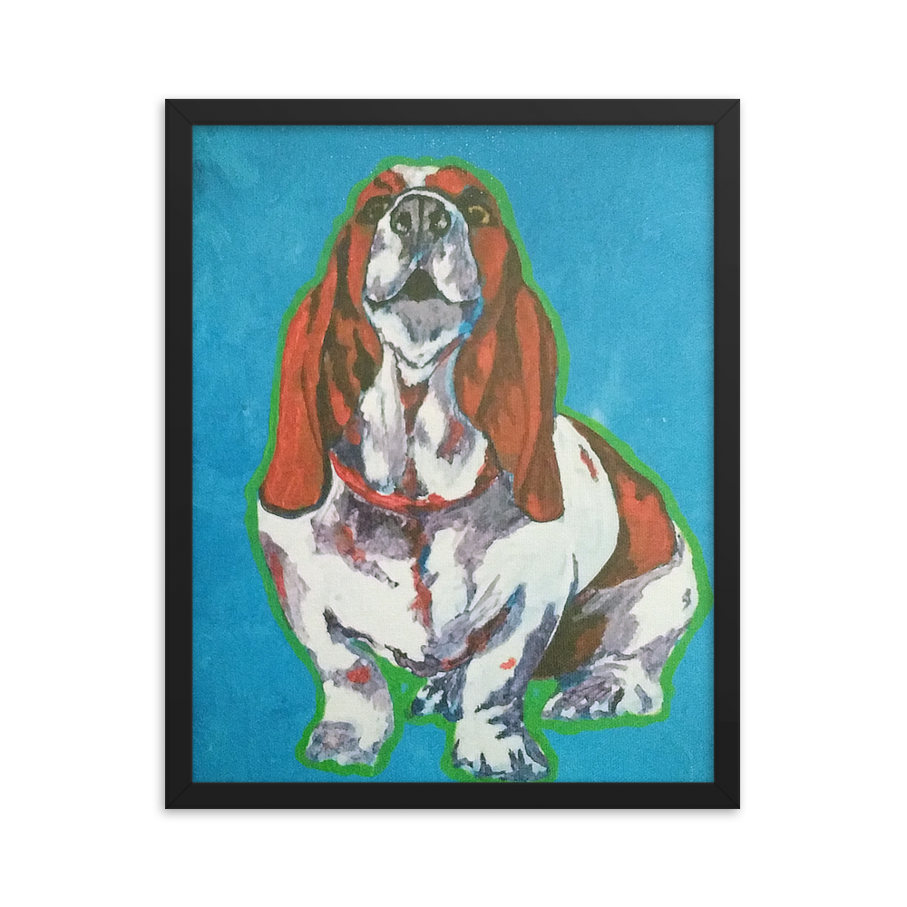 16x20 Framed print of a Basset Hound in front of a blue background. Framed in black