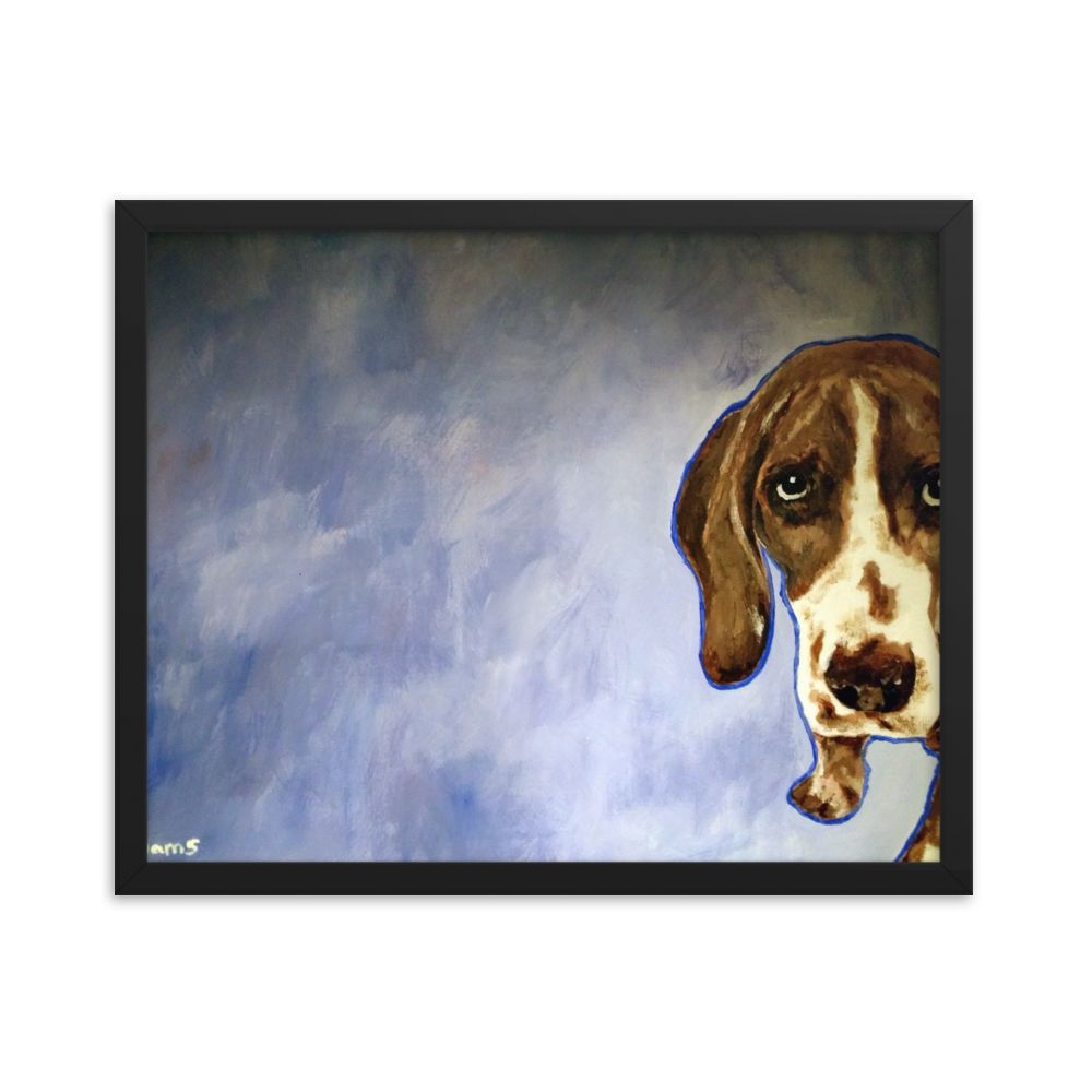 16x20 Framed print of a Hound dog in front of a blue background. Framed in black