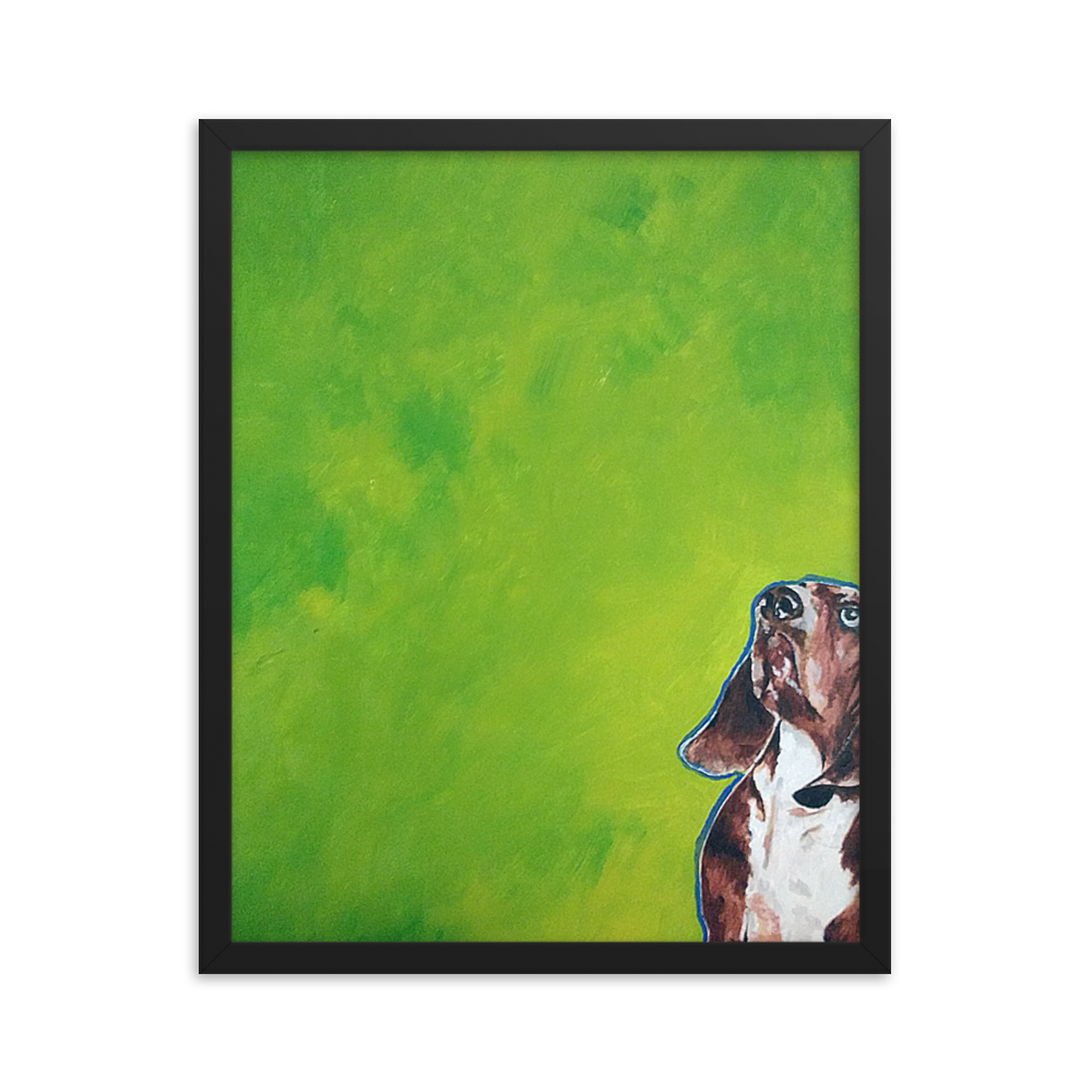 16x20 Framed print of a Basset hound painting with green background. Framed in black