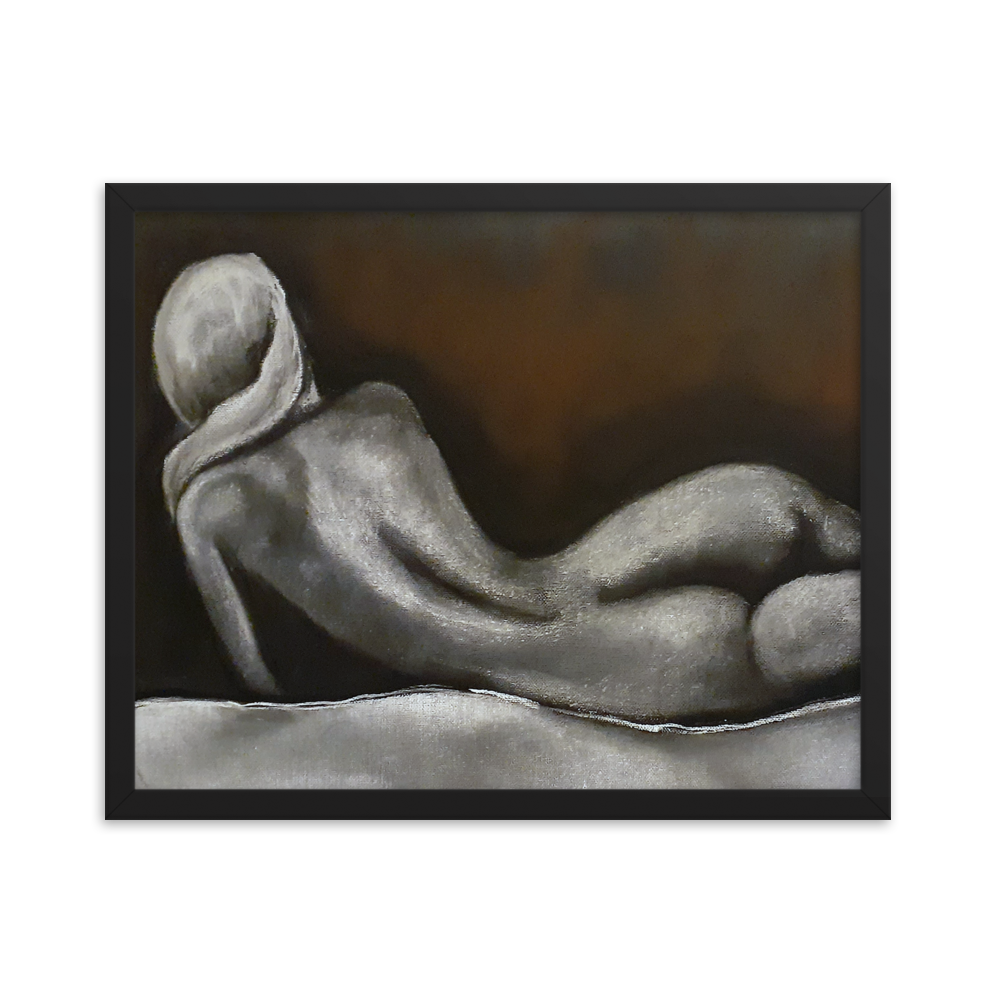 16x20 Framed print of a nude figurative painting of a woman on her side and facing away. Framed in black