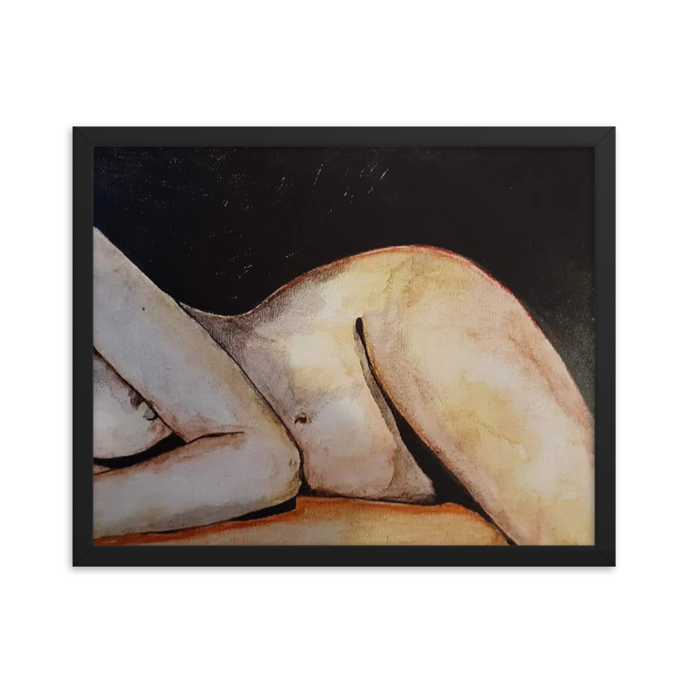 16x20 Framed print of a painting in color of a woman's nude figure lying on her side. Framed in black