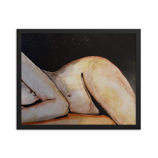 16x20 Framed print of a painting in color of a woman's nude figure lying on her side. Framed in black