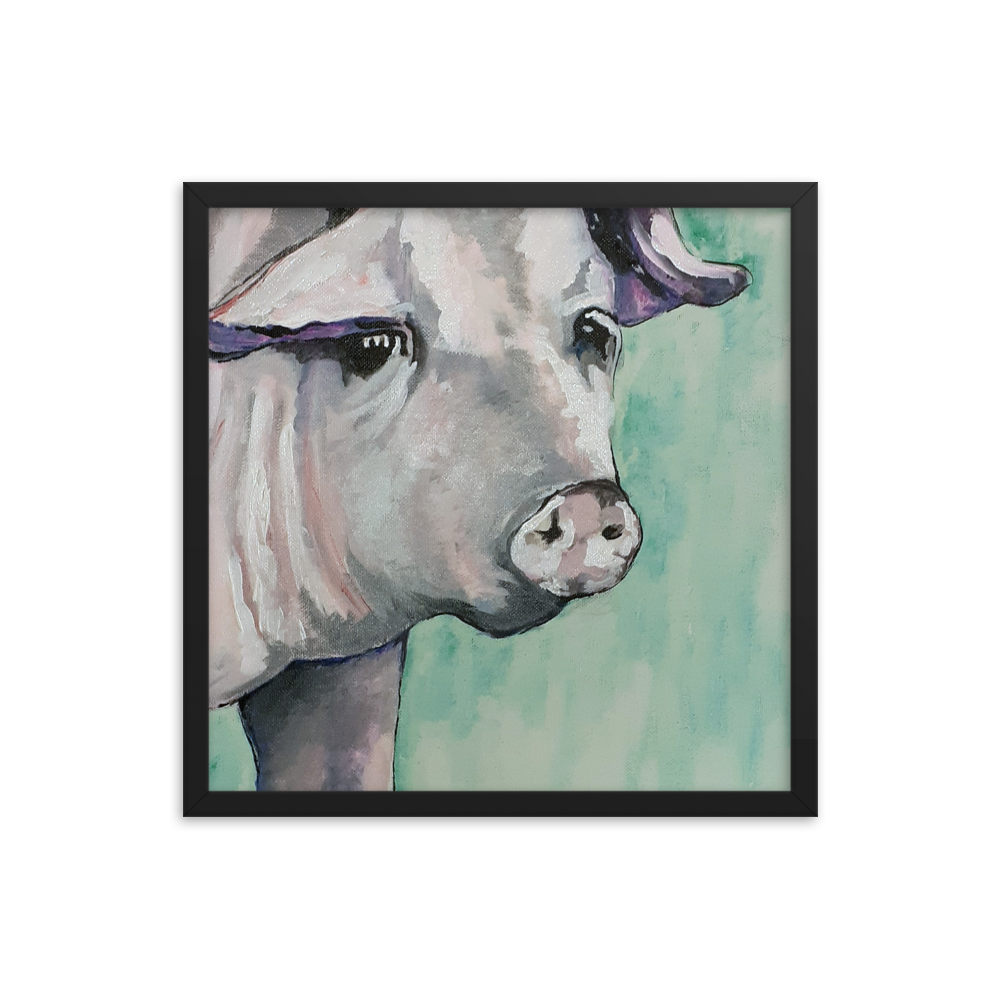 18x18 Framed print of a painting of a pig's face with a green background. Framed in black