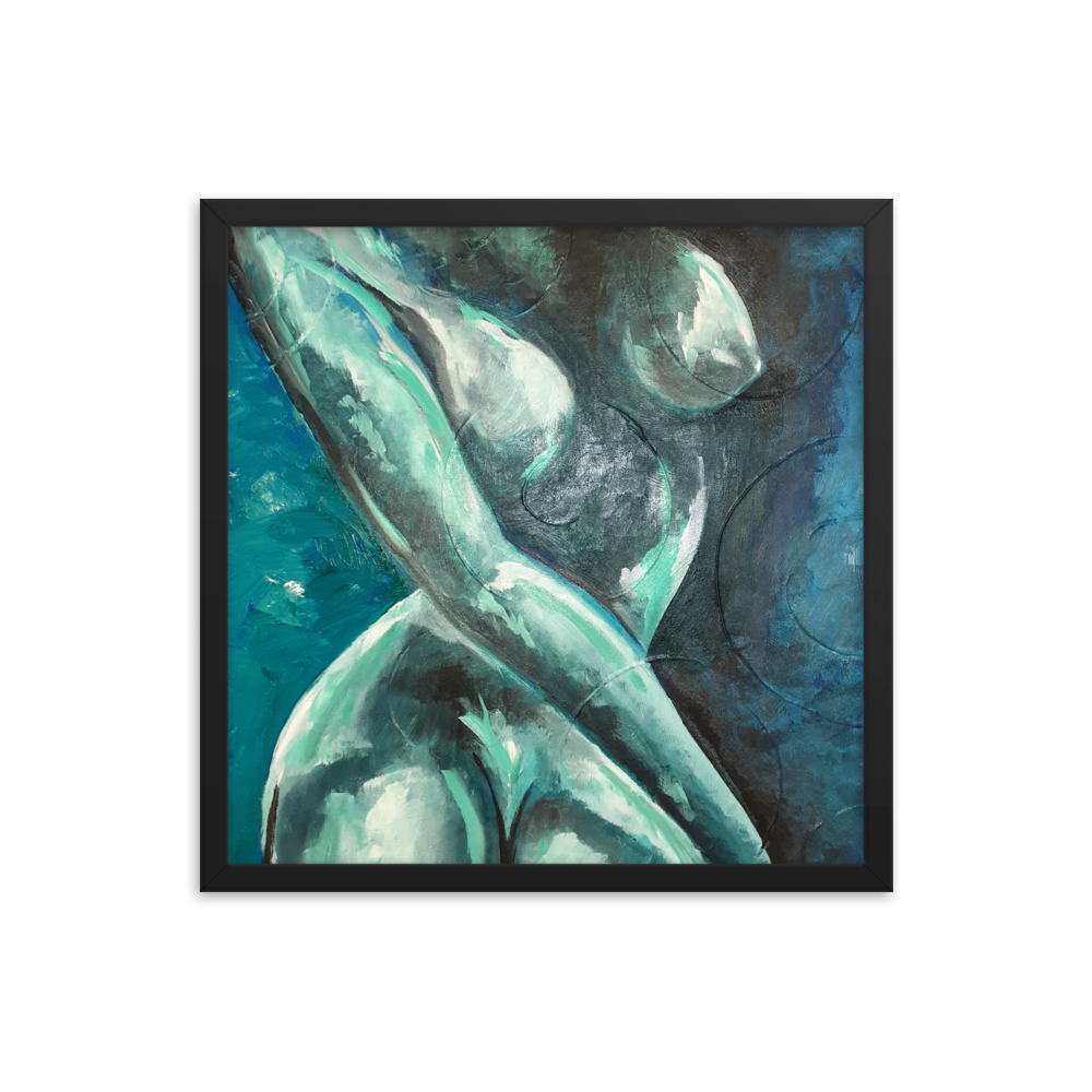 18x18 Framed print of a blue green nude figurative painting. Framed in black