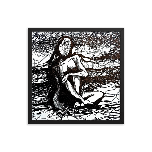 18x18 Framed print of a drawing of an expressive nude figurative woman with her arm over her knee. Framed in black